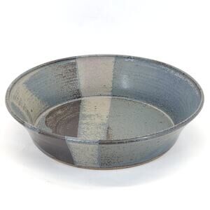 Vtg Studio Art Pottery Serving Bowl Stoneware Blue Gray Earthy Rustic Signed 11"